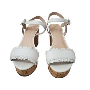 Kate Spade Tomas Wedges Sandals 8.5 White Cork Platform Heel Leather‎ Open-Toe